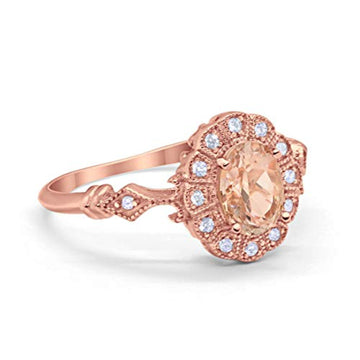 Halo Wedding Bridal Ring Round Rose Tone, Simulated Morganite CZ 925 Sterling Silver